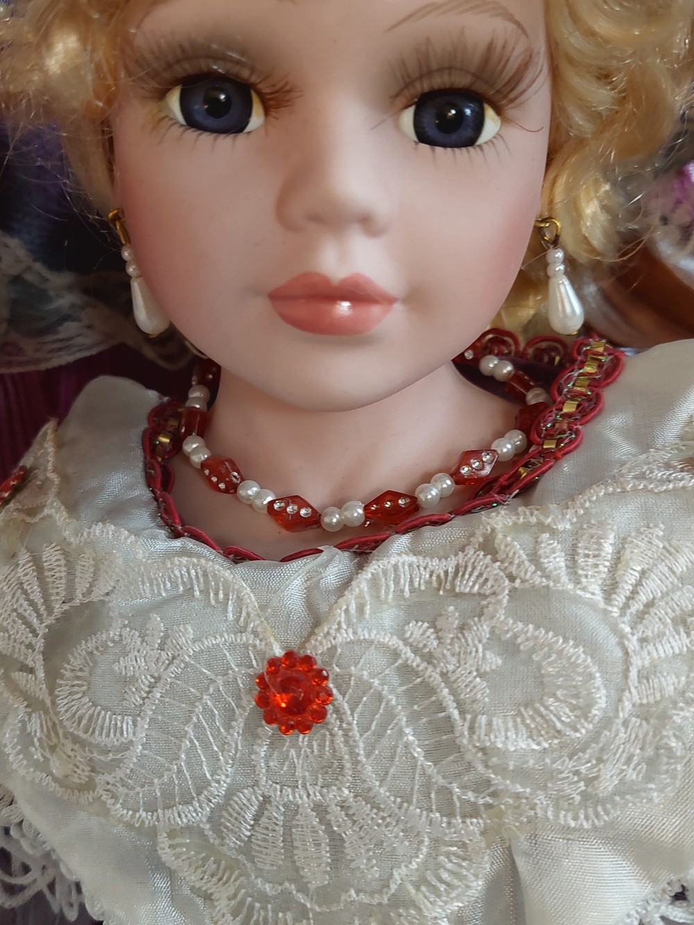 Porcelain Victoriana Collector Doll in Purple Dress Curly Blonde Hair GUC